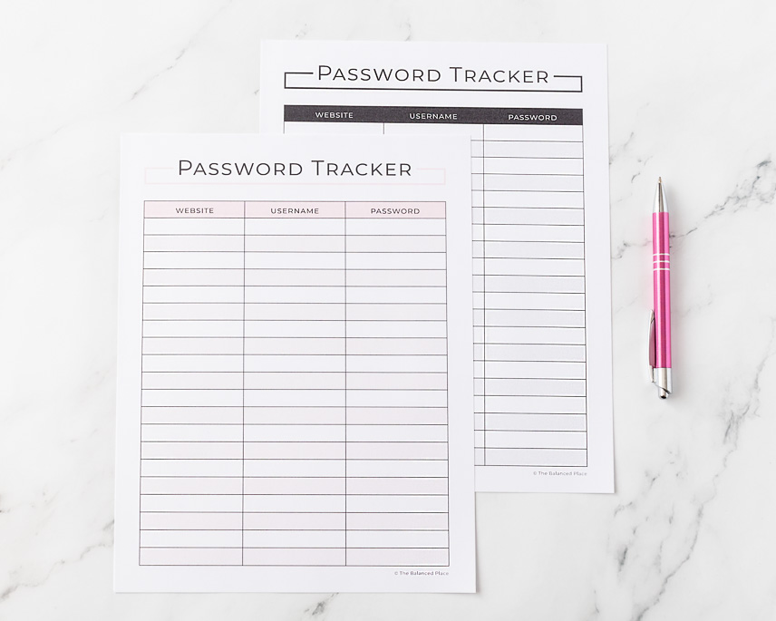 Printable password tracker